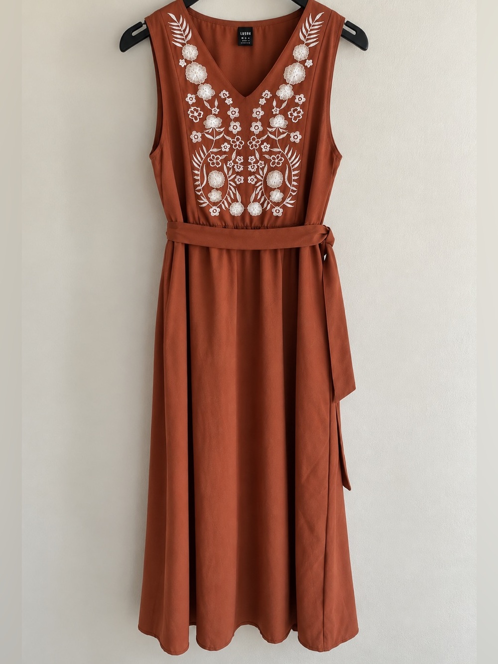 Rust Orange Embroidered Sleeveless Midi Dress